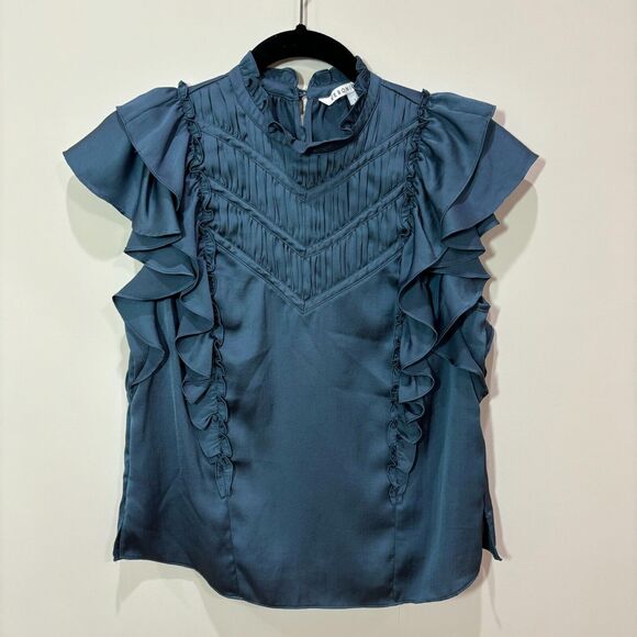 Veronica Beard Mandell Blue Ruffle Satin Top Sz 2 Romantic Victorian Gothic - Picture 2 of 13